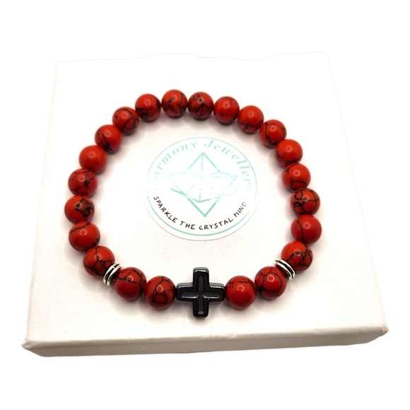 8 mm Red Howlite beaded Unisex bracelet with Hematite Cross charm - Picture 2 of 5